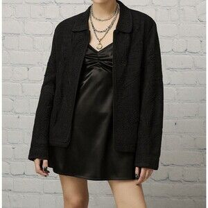 VTG 90s Starkman Jacket Silk Black Embroidered Aplique Lace Beads Button Up